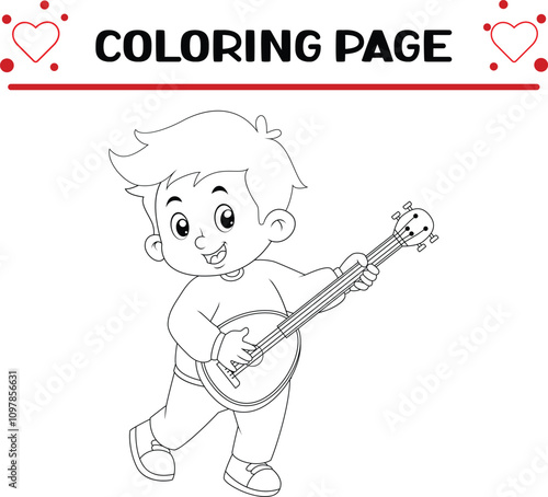 cute boy dancing playing mandolin instrument coloring page for kids