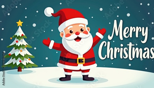 cartoon anime style Santa Claus with text Merry Christmas. blue background