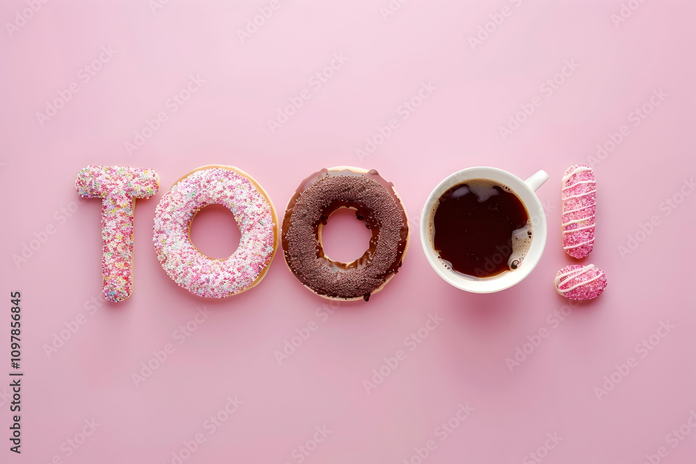 custom made wallpaper toronto digitalTop view of food word made from cup of coffee and donuts isolated on pink. junk food background
