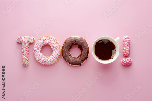 Wallpaper Mural Top view of food word made from cup of coffee and donuts isolated on pink. junk food background Torontodigital.ca
