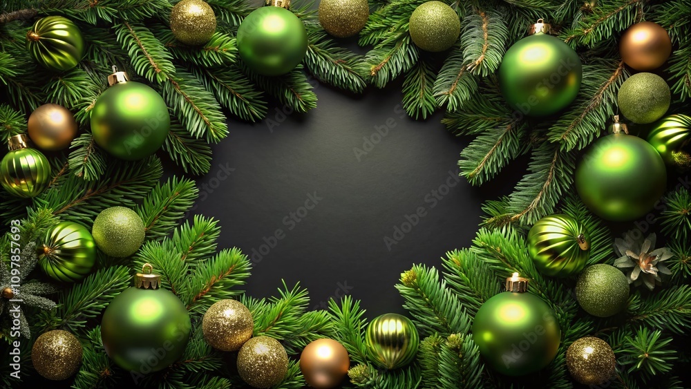 Elegant Low Light Photography of a Green Ornament Border Set Against a Deep Black Background, Perfect for Festive Designs and Holiday Celebrations Elegant Low Light Photography of a Green Ornament Border Set Against a Deep Black Background, Perfect for Festive Designs and Holiday Celebrations