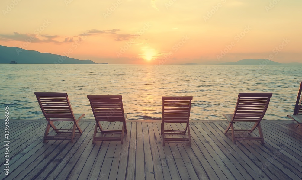A serene sunset view over water with wooden lounge chairs arranged for relaxation. A serene sunset view over water with wooden lounge chairs arranged for relaxation.