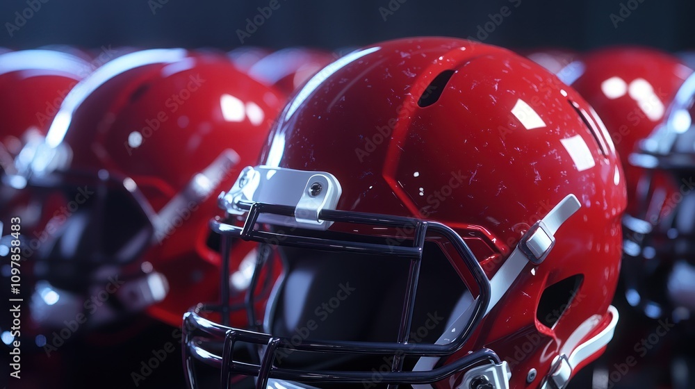 A close-up view of shiny red football helmets arranged in a row. A close-up view of shiny red football helmets arranged in a row.