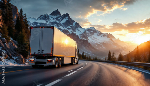A modern white semi-trailer truck drives on a scenic mountain road at sunset.

