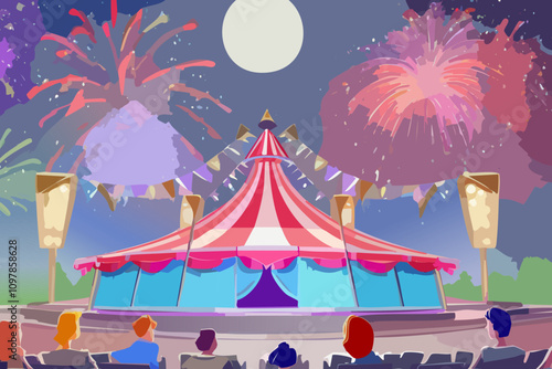 llustration of a circus with a lot of seats and shows.