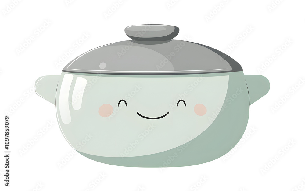 Obraz premium Sweet pot icon with a lid, gentle face on the pot, pastel green and gray colors, cartoon style, on a white background