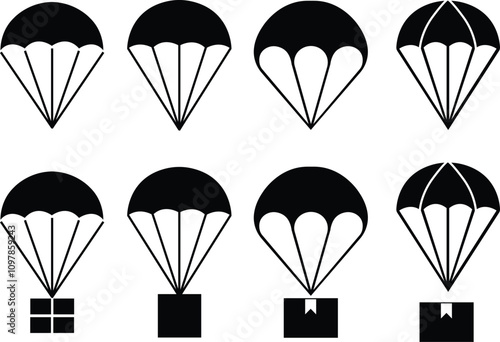 Set of parachute icons in flat styles. Delivery service symbols. Free descent and flight in space delivery gift and good with sudden pleasant surprise help Vectors isolated on transparent background.