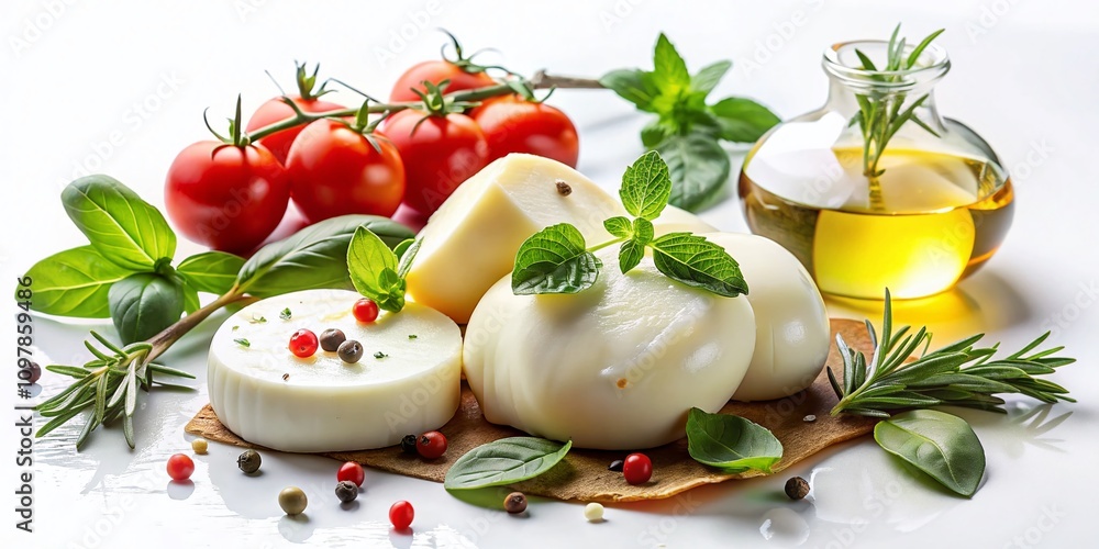 Elegant Presentation of Scamorza Italian Semisoft White Cheese on a White Background with Fresh Herbs and Olive Oil for a Gourmet Culinary Experience Elegant Presentation of Scamorza Italian Semisoft White Cheese on a White Background with Fresh Herbs and Olive Oil for a Gourmet Culinary Experience