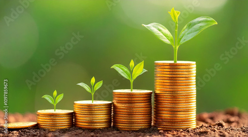 A stack of gold coins with a growing green plant on top