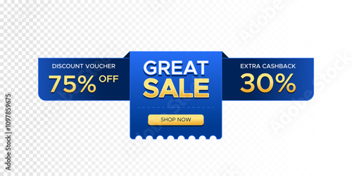 Great sale, discount voucher 75 percent off and extra cashback 30 percent design banner in transparent background. Perfect for promo, marketing, promotion, sale, discount, online sale, web, marketplac