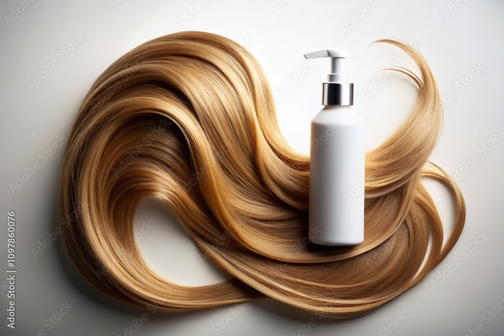 Fototapeta premium Elegant Shampoo Bottle Surrounded by Luxurious Hair Locks on White Background, Natural Hair Care Products Mockup for Organic Cosmetic Branding and Marketing