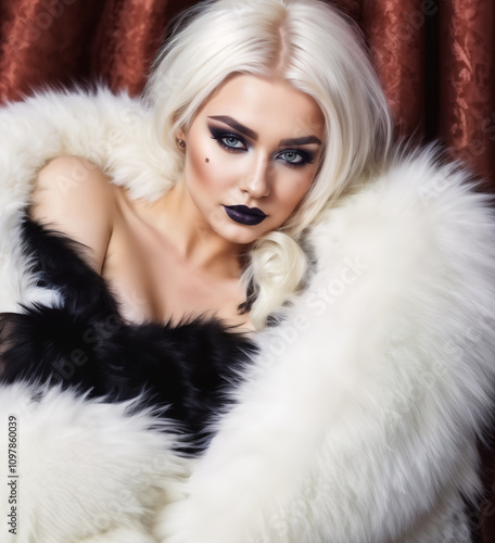 glamorous woman with blonde hair poses in a luxurious white fur coat, showcasing her dramatic makeup and striking beauty.