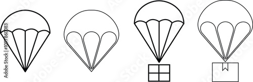 Set of parachute icons in line styles. Delivery service symbols. Free descent and flight in space delivery gift and good with sudden pleasant surprise help Vectors isolated on transparent background.