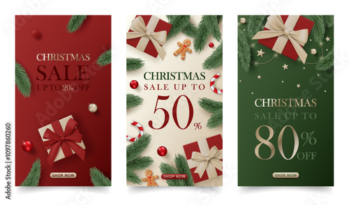 Set of 3d merry christmas sale banner template. Discount promotion sale offer cards with luxury gold gift boxes, red ball, green pine leaves. Online shop, store, flyer, poster, social media post