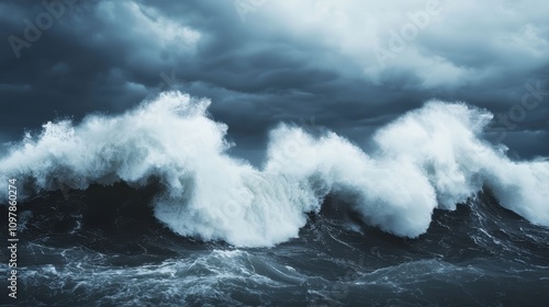 A dramatic scene of tumultuous ocean waves crashing against each other under a moody, cloudy sky, evoking a sense of power and nature's wild beauty.