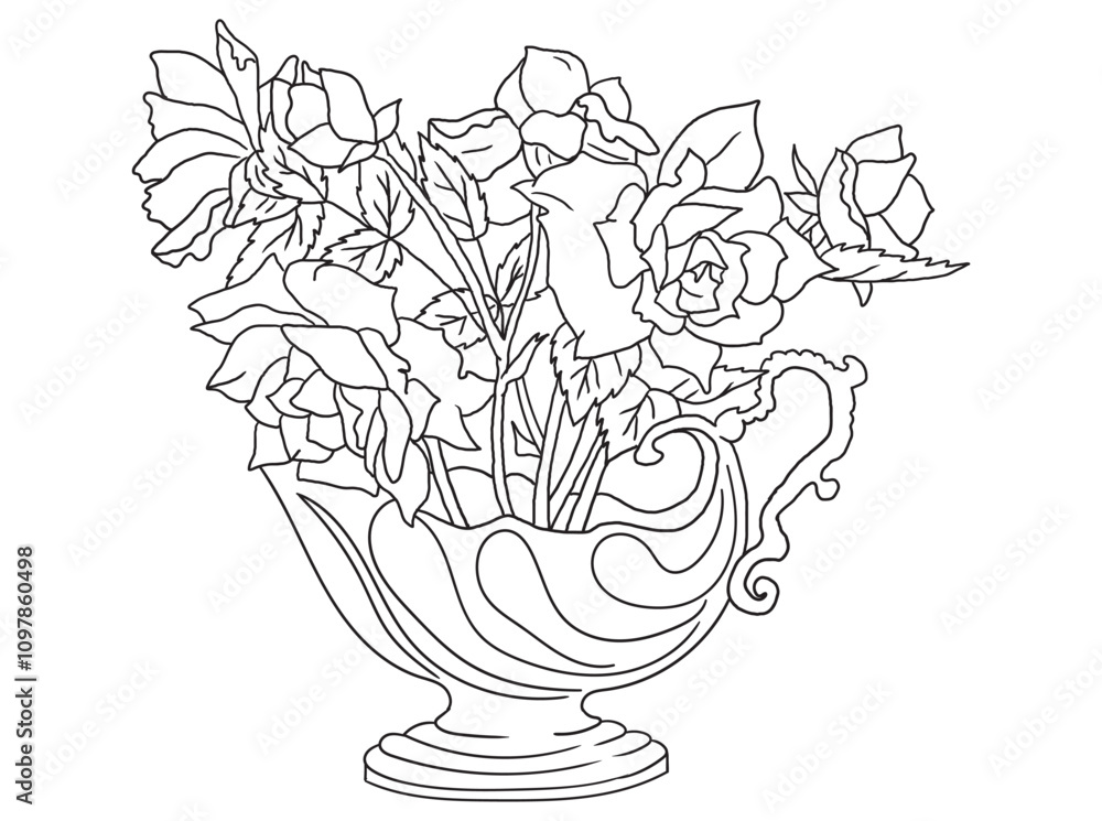 Obraz premium Beautiful black-and-white rose illustration with fine details, ideal for coloring books. Great for art enthusiasts, floral lovers, and creative projects.