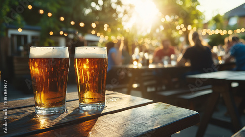 two beers at outdoor beer garden restaurant bar with people in golden hour sunshine	 photo