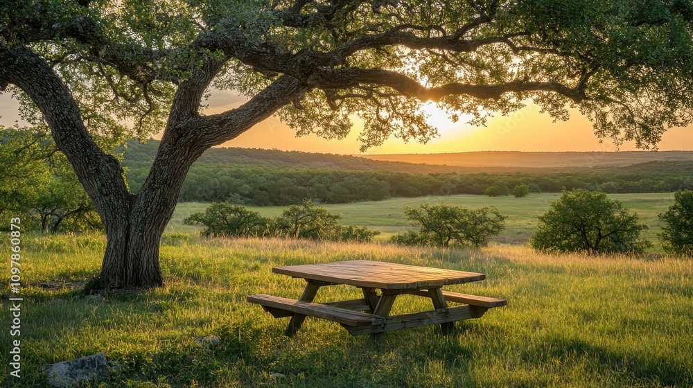 Serene Picnic Table Under Large Oak Tree at Sunset Serene Picnic Table Under Large Oak Tree at Sunset