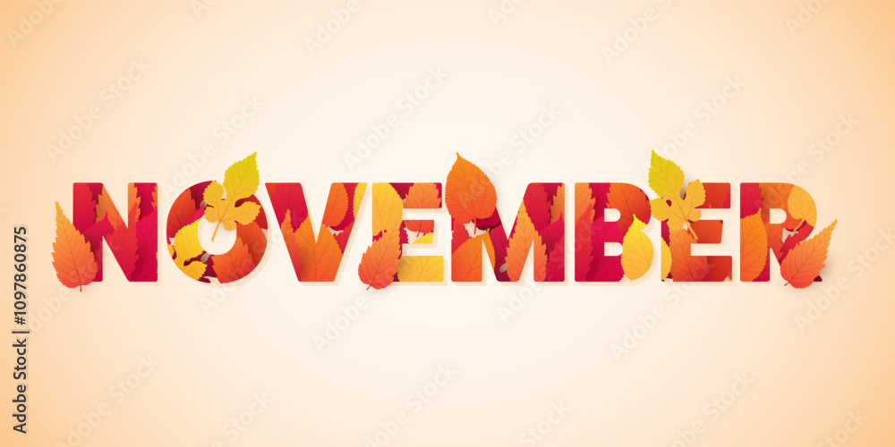 Stylized November Text, Typography or Banner Design, Template with Colorful Fallen Leaves of Autumn Colors: Red, Orange, Golden, Brown on Light Gradient Background Stylized November Text, Typography or Banner Design, Template with Colorful Fallen Leaves of Autumn Colors: Red, Orange, Golden, Brown on Light Gradient Background