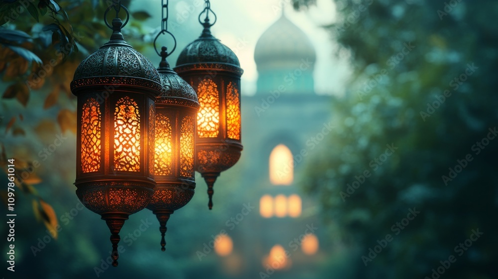 Green theme Ramadan background with lanterns on edges and corners, blurred mosque behind. ideal for cultural or religious themes, travel destinations, or Ramadan related designs. Green theme Ramadan background with lanterns on edges and corners, blurred mosque behind. ideal for cultural or religious themes, travel destinations, or Ramadan related designs.