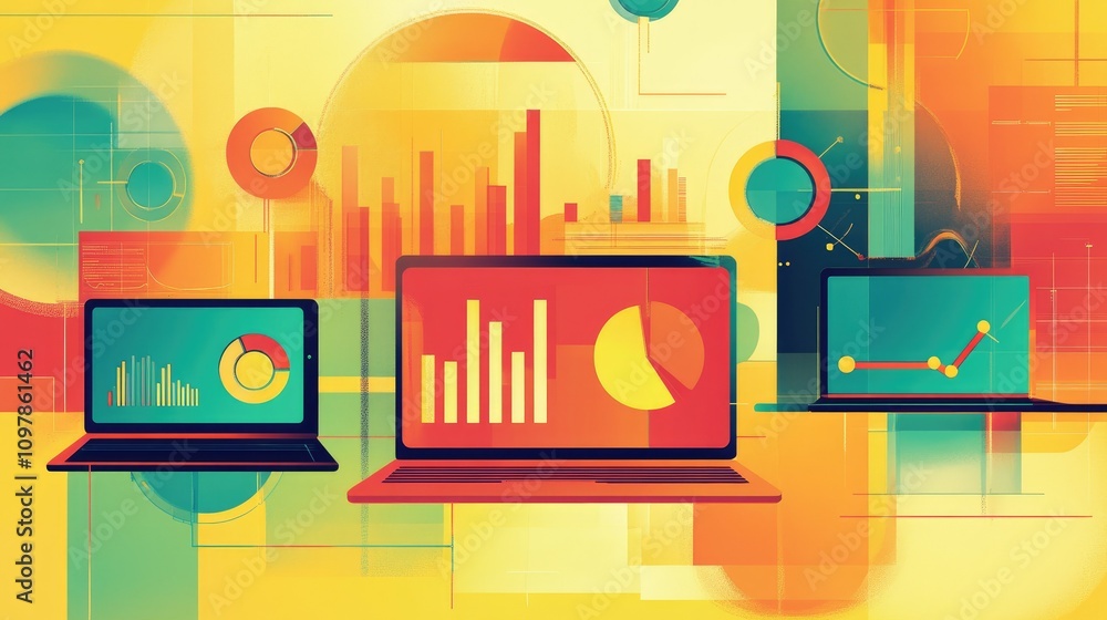Naklejka premium A business analysis concept in flat design, featuring laptops, bar graphs, pie charts, and stylized teamwork visuals on a modern gradient background