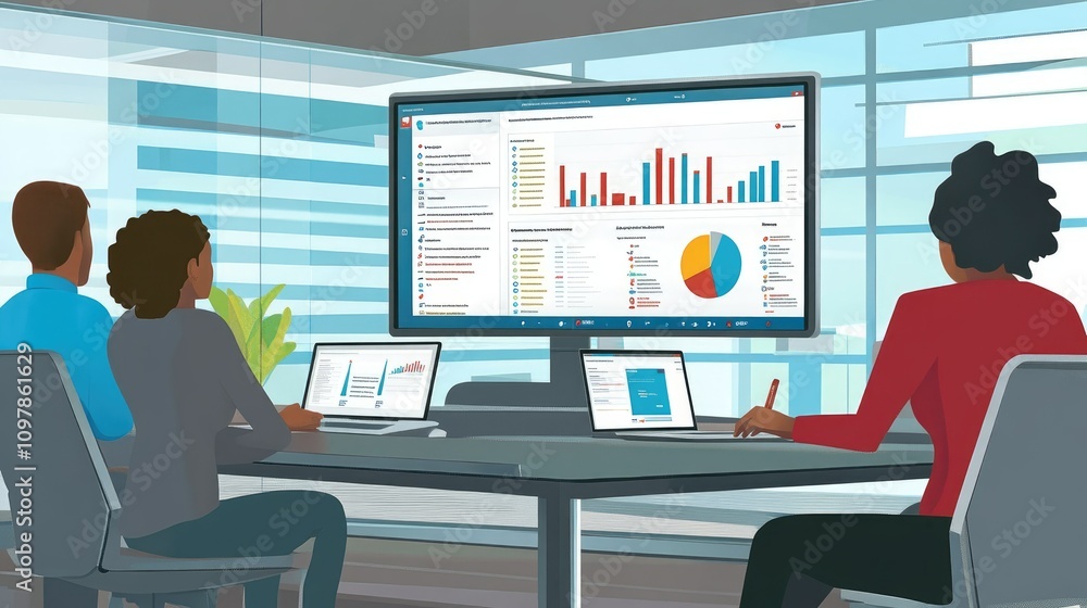 A business team analyzing data on a large screen displaying web dashboards with bar graphs, pie charts, and metrics, in a modern office setting A business team analyzing data on a large screen displaying web dashboards with bar graphs, pie charts, and metrics, in a modern office setting