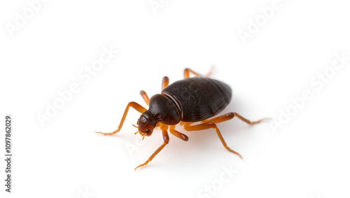 A louse with tiny, grasping claws and segmented body isolated on a white background