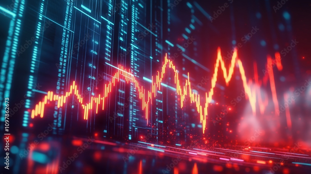 Obraz premium A high-tech abstract composition of a market graph highlighted by neon speedlight streaks and sharp lightning bolts.