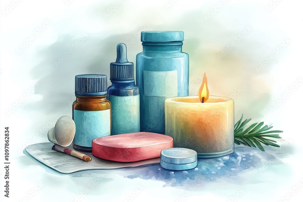 A watercolor illustration of self-care essentials, including a glowing candle, blue glass bottles, a pink soap bar, and a leafy sprig, creating a serene and soothing atmosphere A watercolor illustration of self-care essentials, including a glowing candle, blue glass bottles, a pink soap bar, and a leafy sprig, creating a serene and soothing atmosphere