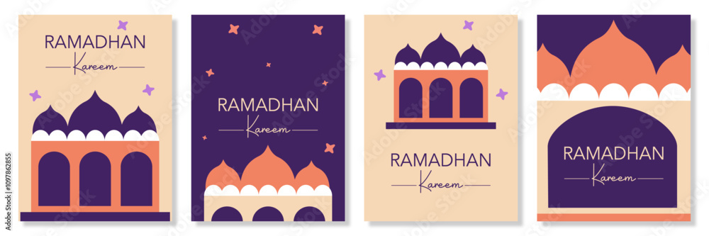 Set of creative Ramadan Kareem, Eid Mubarak, Eid al Adha, and Eid al Fitr vector illustration with calligraphy, star, mosque, purple, cream background for banner, greeting card, poster, social media Set of creative Ramadan Kareem, Eid Mubarak, Eid al Adha, and Eid al Fitr vector illustration with calligraphy, star, mosque, purple, cream background for banner, greeting card, poster, social media