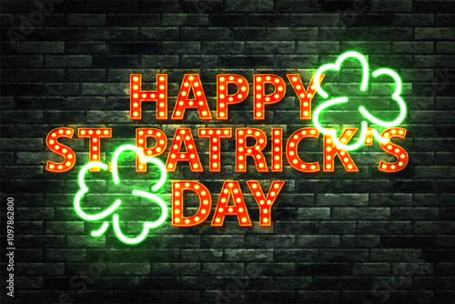 Vector neon sign of St. Patrick's Day isolated on wall background.