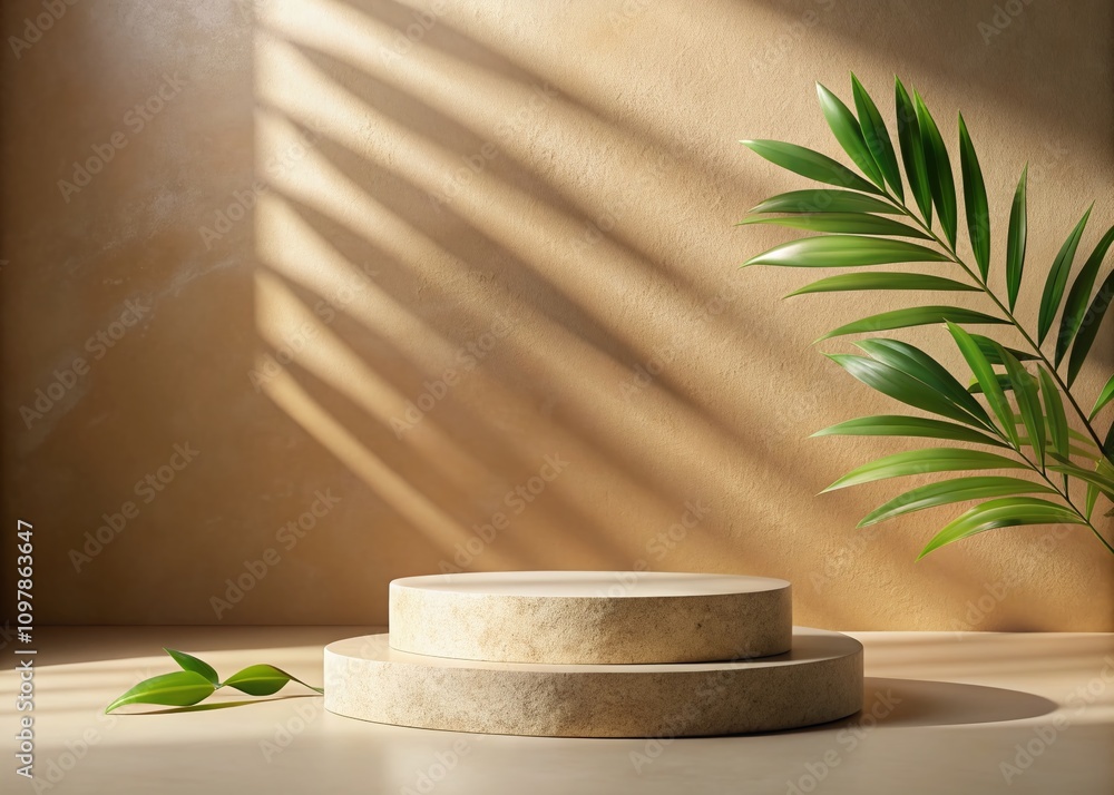 Empty Stone Podium for Product Display Against a Beige Wall with Leaf Shadow, Ideal for Minimalist Display Concepts and Creative Product Photography Empty Stone Podium for Product Display Against a Beige Wall with Leaf Shadow, Ideal for Minimalist Display Concepts and Creative Product Photography