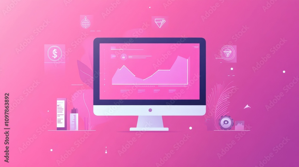 A flat banner design concept with minimalistic elements showing a computer screen displaying data analytics, surrounded by icons for market insights A flat banner design concept with minimalistic elements showing a computer screen displaying data analytics, surrounded by icons for market insights