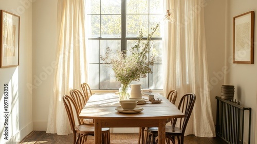 A family-friendly dining room with mismatched chairs, a wooden table, fresh flowers as a centerpiece, and soft curtains framing a sunlit window