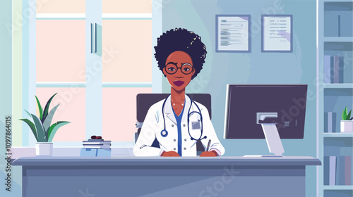 Woman doctor in hospital desk with computer vector