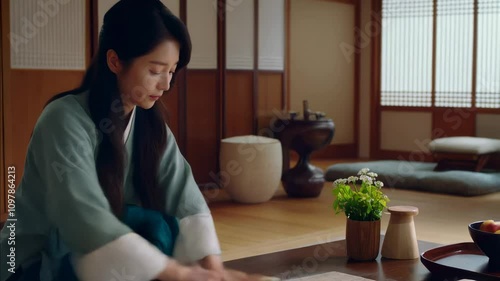 Traditional tea preparation in a serene Japanese room with a skilled woman