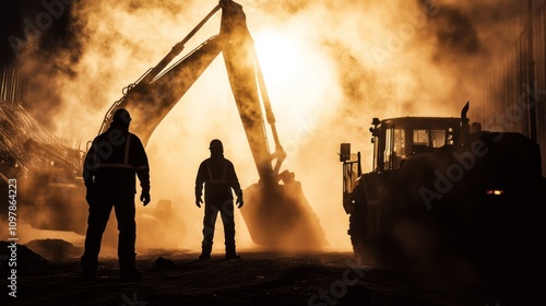 construction workers operating heavy machinery, with dust clouds swirling around them. The scene conveys a sense of urgency photo