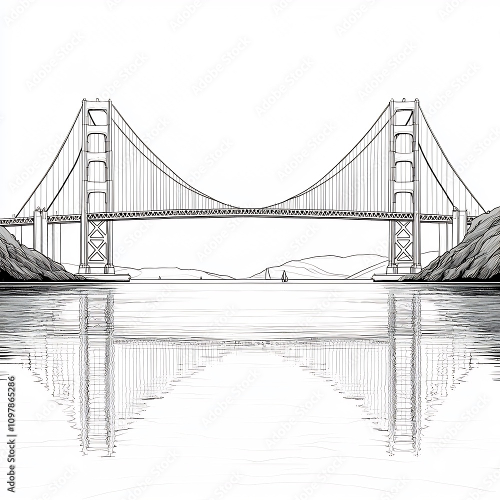 Obraz premium Minimalist Line Art of Suspension Bridge Over Bay Landscape