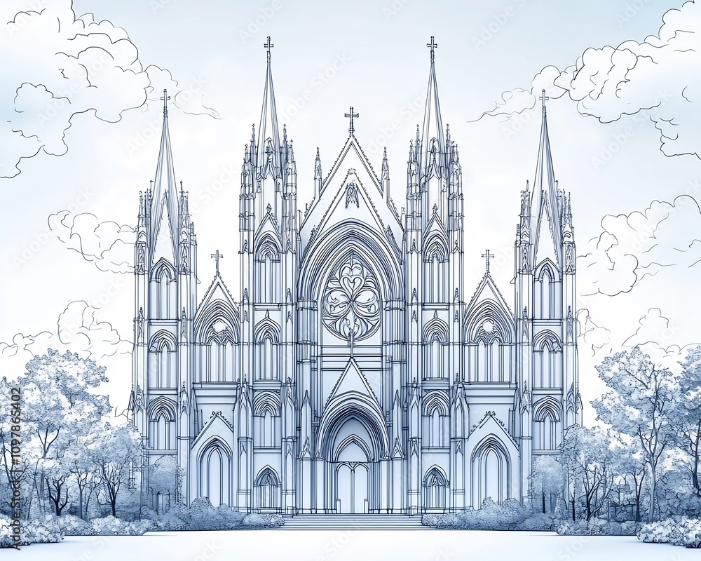 Fototapeta premium Minimalist Line Art of a Majestic Gothic Cathedral with Tall Spires and Pointed Arches