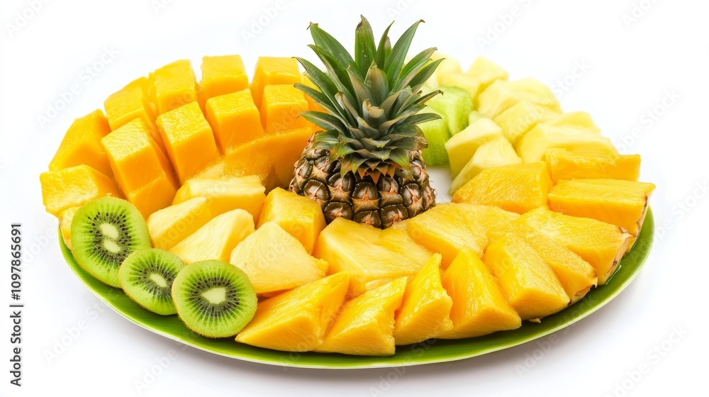 A refreshing fruit platter with a variety of sliced mangoes, grapes, and raspberries A refreshing fruit platter with a variety of sliced mangoes, grapes, and raspberries