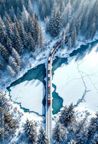 Aerial view of a snowy forest, frozen lake, and vibrant train crossing a bridge.

 photo