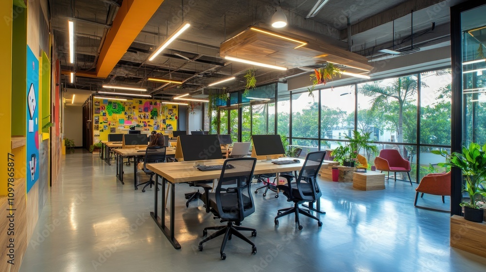 A modern co-working area with a mix of open desks, private cabins, and community spaces designed for creative and professional collaboration A modern co-working area with a mix of open desks, private cabins, and community spaces designed for creative and professional collaboration
