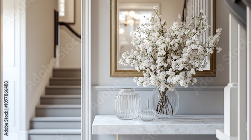 Elegant hallway with marble console table, flowers, and staircase. photo