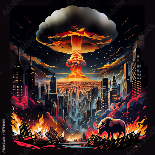 Nuclear explosion destroys city, in the foreground silhouette of bull symbol of economic growth due to military spending. Concept of greed of military industrial complex, illustration in modern style photo