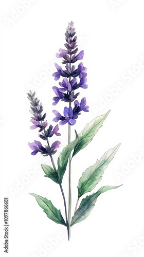Salvia Sage detailed hand drawn pastel watercolor botanical image, medicinal herbs, light background. Generative AI
