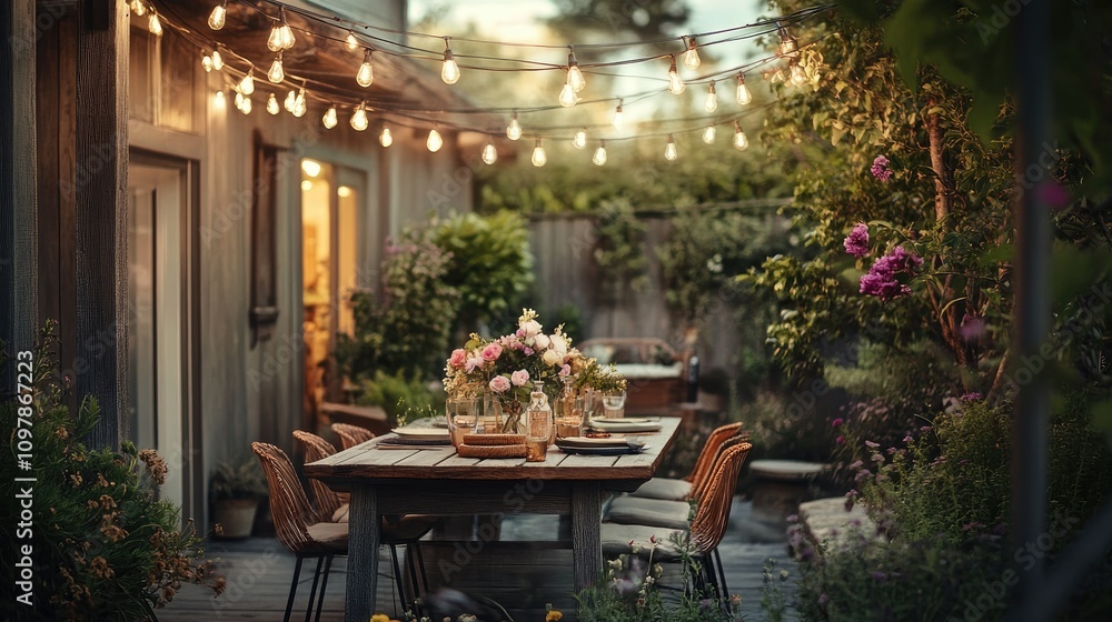 A rustic, homey patio with a wooden dining table, soft chairs, string lights overhead, and a centerpiece of fresh flowers for a welcoming vibe A rustic, homey patio with a wooden dining table, soft chairs, string lights overhead, and a centerpiece of fresh flowers for a welcoming vibe