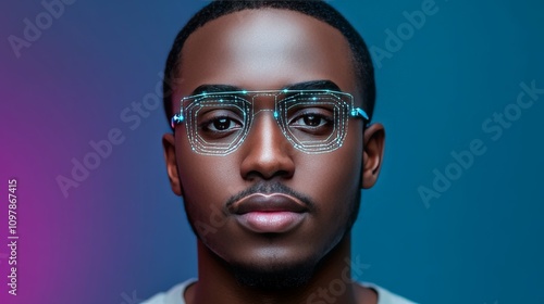 Young man wearing glasses in vibrant teal and magenta lighting representing intellectual curiosity individuality and a conceptual fusion of technology and modern aesthetics photo