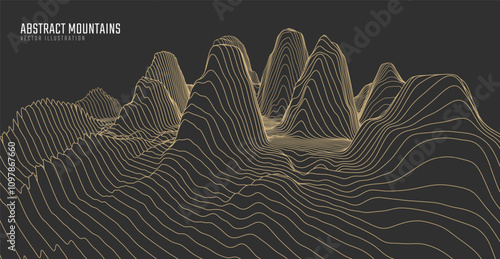 Contour mountain landscape. Waved line art. Abstract minimal topographic map. Contour lines with elevations and terrain depth. Vector illustration.