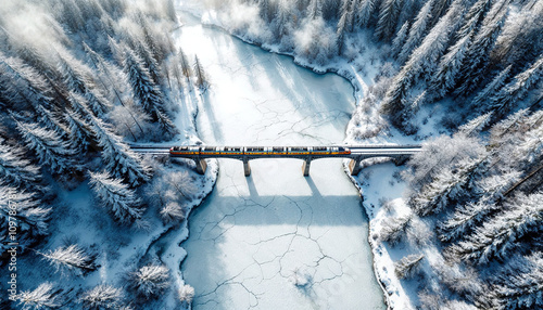 Aerial view of a snowy forest, frozen lake, and vibrant train crossing a bridge.

 photo