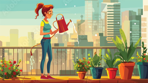 Woman watering plants in rooftop garden. Vector cartoon